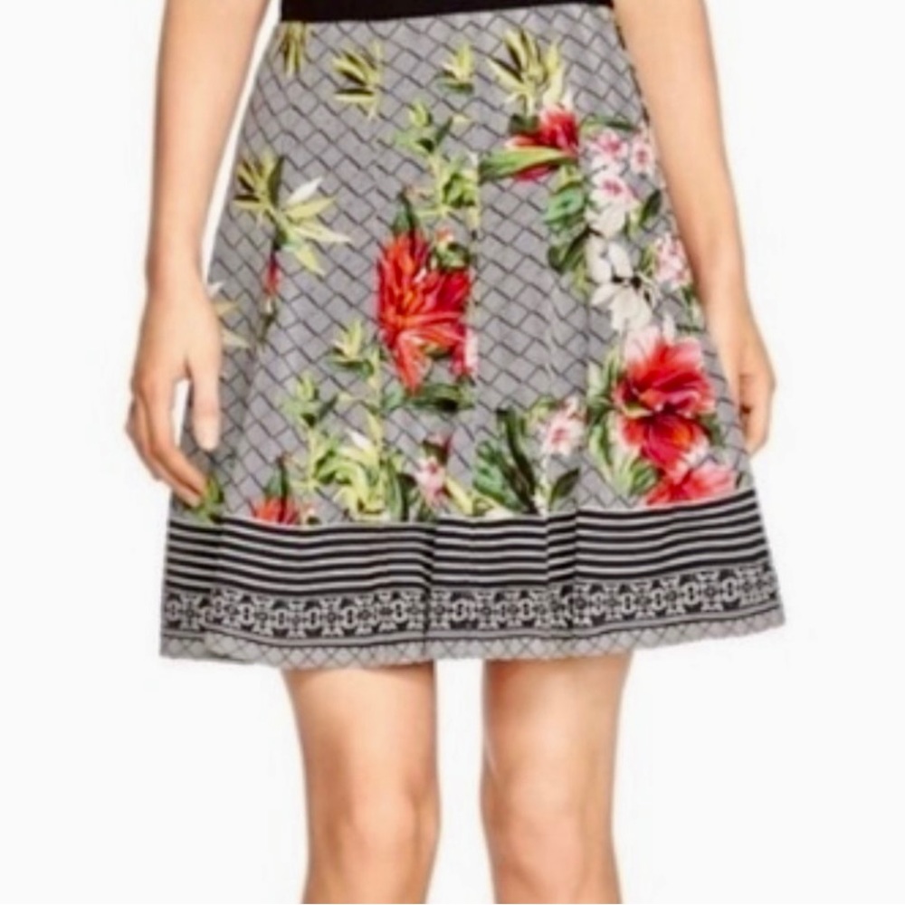 White House Black Market | Black Pink A Line Skirt Floral Geometric Side Zip Up